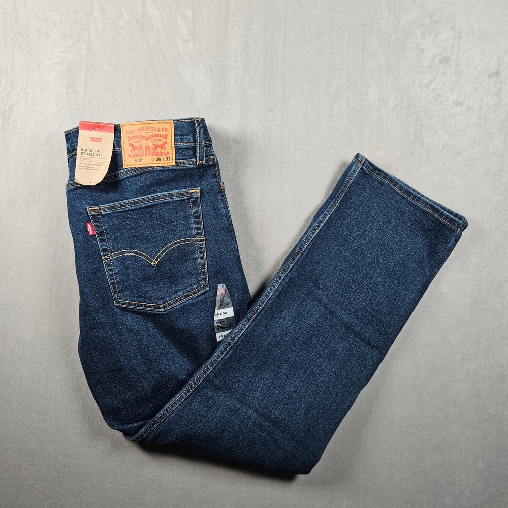 NEW Levi's 513 Slim Straight Jeans Mens 36x32 Dark Wash Blue Denim Stretch